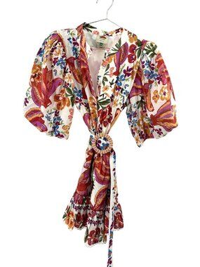 Farm Rio Floral Puff Sleeve Mini Shirt Dress Beaded Ring Belt 297141 Size M